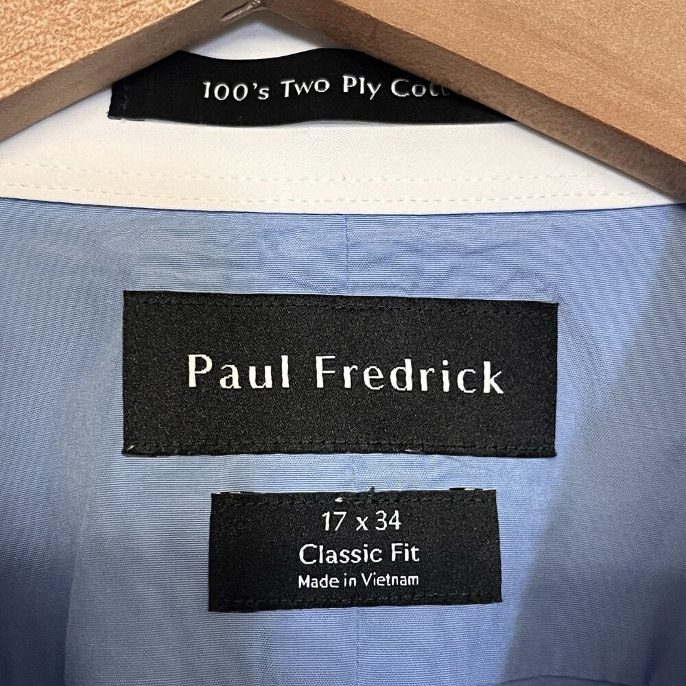 Paul Fredrick Mens Dress Shirt 17-34 Blue Non-Iron Two-Ply Cotton Office Button - Picture 5 of 6